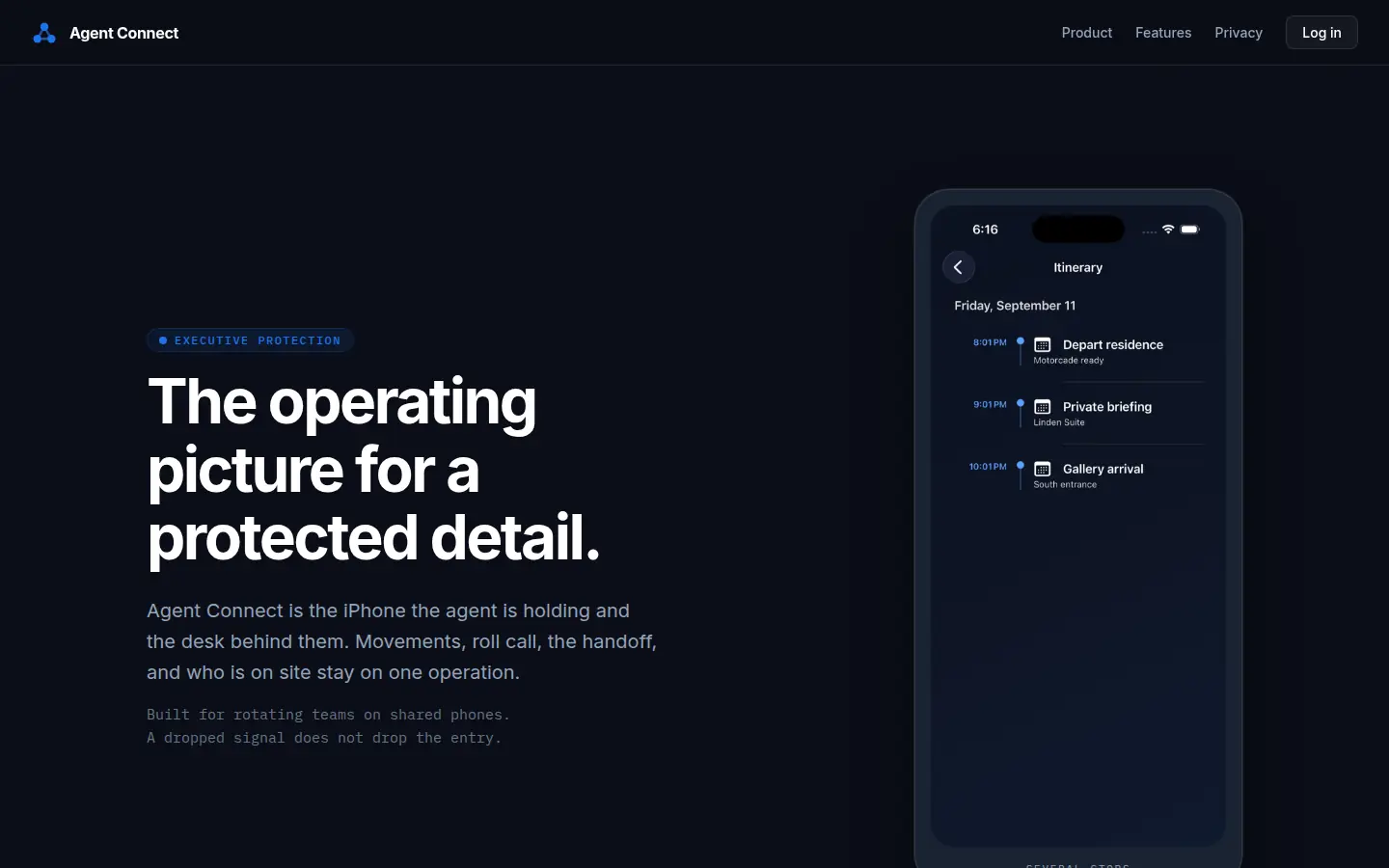 Agent Connect homepage, headed Executive protection, describing the operating picture for a protected detail.