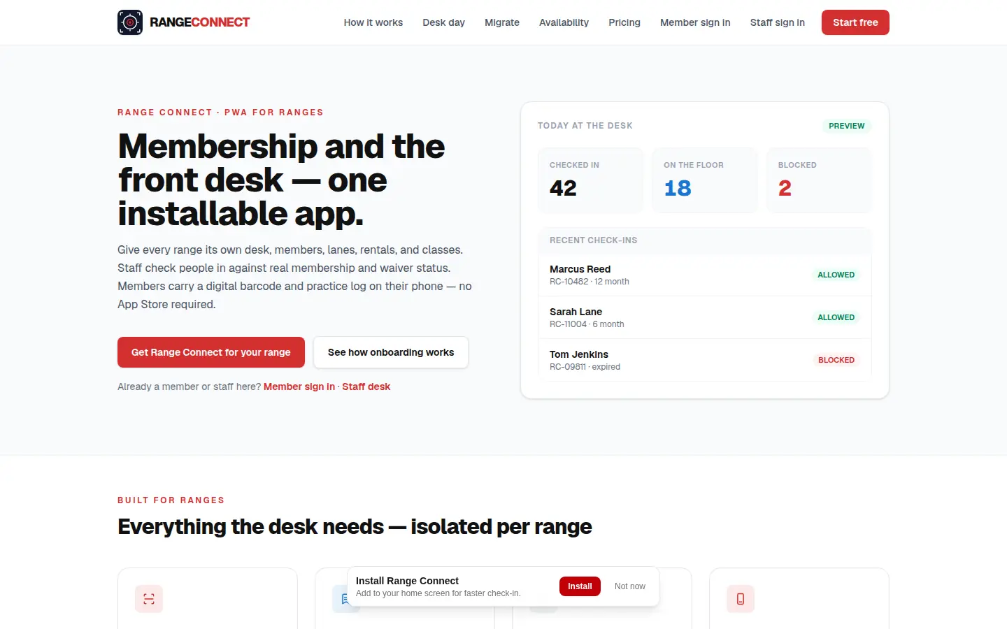 Range Connect homepage, headed Membership and the front desk, one installable app for ranges.