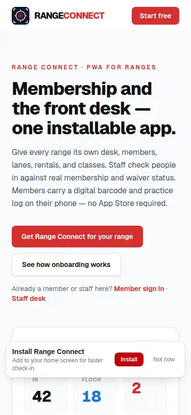 Range Connect homepage on a phone, with the membership and front desk headline.