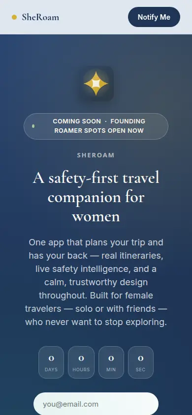 SheRoam homepage on a phone, marked coming soon, headed a safety-first travel companion for women.
