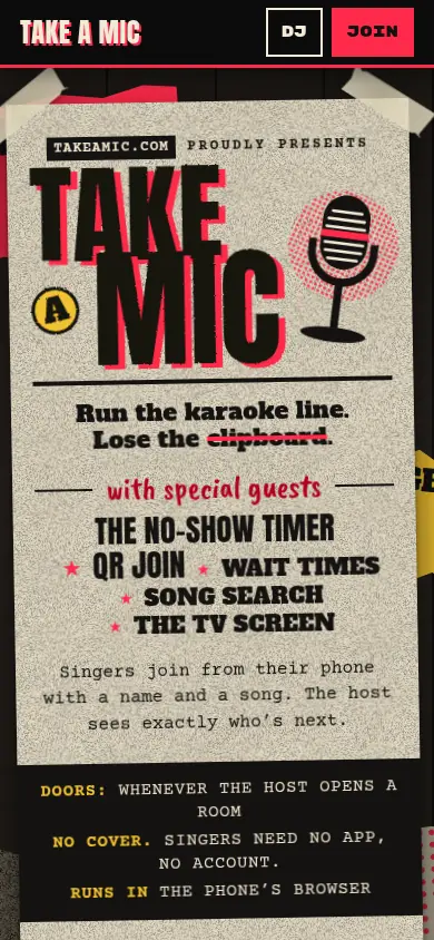 Take a Mic homepage on a phone, headed Run the karaoke line. Lose the clipboard.